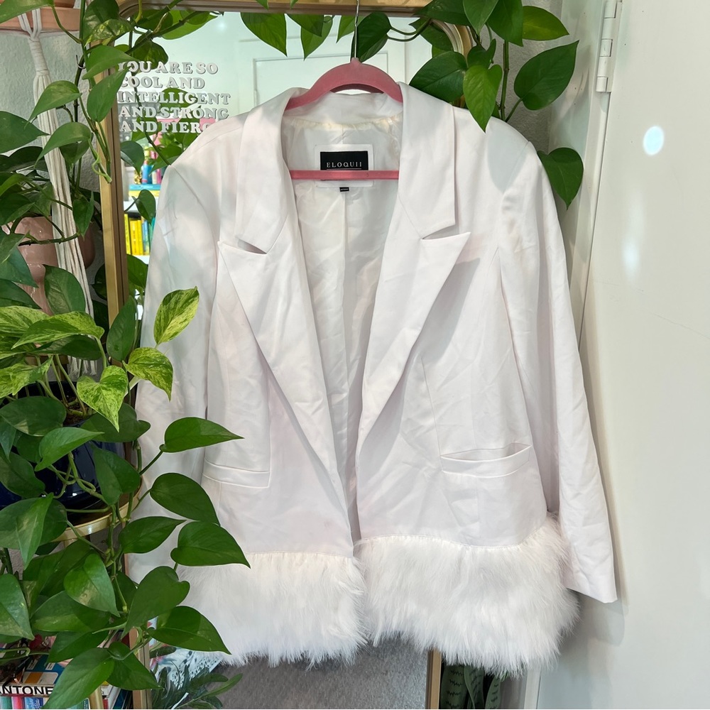 ELOQUII White Blazer with Feather Trim